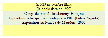 Zone de Texte: h. 0,23 m   Marbre Blanc
(le socle date de 1990)
Camp de travail, J�szber�ny, Hongrie
Exposition r�trospective Budapest - 1983 (Palais Vigad�)
Exposition au Mus�e de Meudon - 2000



