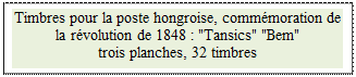 Zone de Texte: Timbres pour la poste hongroise, comm�moration de la r�volution de 1848 : "Tansics" "Bem"   
trois planches, 32 timbres


