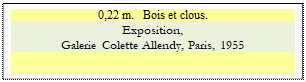 Zone de Texte: 0,22 m.   Bois et clous.
Exposition,
Galerie Colette Allendy, Paris, 1955

