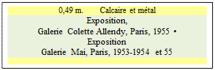 Zone de Texte: 0,49 m.        Calcaire et m�tal
Exposition, 
Galerie Colette Allendy, Paris, 1955 �
Exposition 
Galerie Mai, Paris, 1953-1954 et 55

