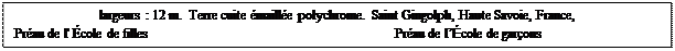 Zone de Texte: largeurs : 12 m.  Terre cuite �maill�e polychrome.  Saint Gingolph, Haute Savoie, France, 
Pr�au de l' �cole de filles		         Pr�au de l��cole de gar�ons
