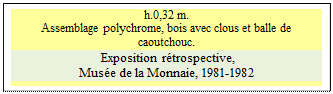 Zone de Texte: h.0,32 m.
Assemblage polychrome, bois avec clous et balle de caoutchouc.
 Exposition r�trospective, 
Mus�e de la Monnaie, 1981-1982 

