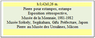 Zone de Texte: h.0,42x0,26 m.
Pierre pour estampes, estampe
 Exposition r�trospective, 
Mus�e de la Monnaie, 1981-1982 
Mus�e Sz�kely, Segikahara, Gifu Pr�fecture, Japon 
Pierre au Mus�e des Ursulines, M�con     

