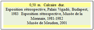 Zone de Texte: 0,50 m.  Calcaire dur.
Exposition r�trospective, Palais Vigad�, Budapest, 1983  Exposition r�trospective, Mus�e de la Monnaie, 1981-1982  
Mus�e de Meudon, 2001

