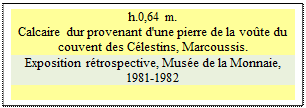 Zone de Texte: h.0,64 m. 
Calcaire dur provenant d'une pierre de la vo�te du couvent des C�lestins, Marcoussis.
Exposition r�trospective, Mus�e de la Monnaie, 1981-1982

