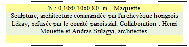 Zone de Texte: h. : 0,10x0,30x0,80 m.- Maquette
Sculpture, architecture command�e par l'archev�que hongrois L�kay, refus�e par le comit� paroissial. Collaboration : Henri Mouette et Andr�s Szil�gyi, architectes.


