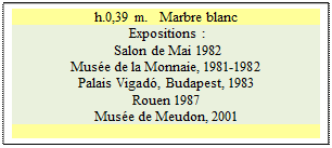 Zone de Texte: h.0,39 m.   Marbre blanc
 Expositions : 
 Salon de Mai 1982
Mus�e de la Monnaie, 1981-1982  
Palais Vigad�, Budapest, 1983 
Rouen 1987 
Mus�e de Meudon, 2001

