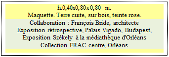 Zone de Texte: h.0,40x0,80x0,80 m.  
Maquette. Terre cuite, sur bois, teinte rose.
Collaboration : Fran�ois Bride, architecte
Exposition r�trospective, Palais Vigad�, Budapest, 
Exposition Sz�kely � la m�diath�que d'Orl�ans 
Collection FRAC centre, Orl�ans 


