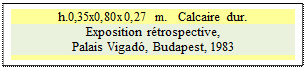 Zone de Texte: h.0,35x0,80x0,27 m.   Calcaire dur.
Exposition r�trospective, 
Palais Vigad�, Budapest, 1983 

