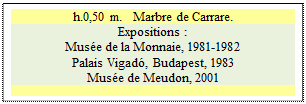 Zone de Texte: h.0,50 m.   Marbre de Carrare.
Expositions : 
Mus�e de la Monnaie, 1981-1982 
Palais Vigad�, Budapest, 1983
Mus�e de Meudon, 2001

