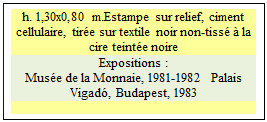 Zone de Texte: h. 1,30x0,80 m.Estampe sur relief, ciment cellulaire, tir�e sur textile noir non-tiss� � la cire teint�e noire
Expositions :
Mus�e de la Monnaie, 1981-1982  Palais Vigad�, Budapest, 1983

