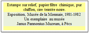 Zone de Texte: Estampe sur relief, papier filtre chimique, pur chiffon, cire teint�e noire.
Exposition, Mus�e de la Monnaie, 1981-1982 
Un exemplaire au mus�e 
Janus Pannonius Muzeum, � P�cs

