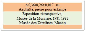Zone de Texte: h.0,36x0,26x0,017 m.
Asphalte, pierre pour estampe
Exposition r�trospective, 
Mus�e de la Monnaie, 1981-1982 
Mus�e des Ursulines, M�con

