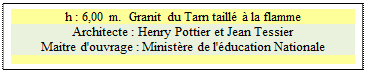 Zone de Texte: h : 6,00 m.  Granit du Tarn taill� � la flamme
Architecte : Henry Pottier et Jean Tessier 
Maitre d'ouvrage : Minist�re de l'�ducation Nationale

