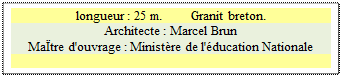 Zone de Texte: longueur : 25 m.        Granit breton.
Architecte : Marcel Brun 
Ma&Iuml;tre d'ouvrage : Minist&egrave;re de l'&eacute;ducation Nationale 


