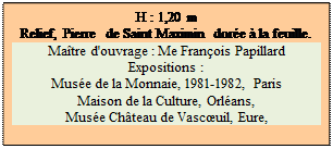 Zone de Texte: H : 1,20 m
Relief, Pierre  de Saint Maximin dor&eacute;e &agrave; la feuille.  
Ma&icirc;tre d'ouvrage : Me Fran&ccedil;ois Papillard
Expositions :
Mus&eacute;e de la Monnaie, 1981-1982, Paris 
Maison de la Culture, Orl&eacute;ans, 
Mus&eacute;e Ch&acirc;teau de Vascœuil, Eure,

