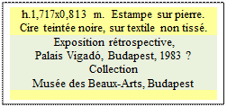 Zone de Texte: h.1,717x0,813 m.  Estampe sur pierre. Cire teint�e noire, sur textile non tiss�.
 Exposition r�trospective, 
Palais Vigad�, Budapest, 1983 ? Collection 
Mus�e des Beaux-Arts, Budapest         

