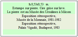Zone de Texte: h.0,53x0,53 m.   
Estampe sur pierre. Cire grise sur lave.
La pierre est au Mus&eacute;e des Ursulines &agrave; M&acirc;con
Exposition r&eacute;trospective, 
Mus&eacute;e de la Monnaie, 1981-1982  
Exposition r&eacute;trospective, 
Palais Vigad&oacute;, Budapest, 1983

