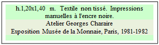 Zone de Texte: h.1,20x1,40 m.  Textile non tiss�.  Impressions manuelles � l'encre noire.
Atelier Georges Charaire
Exposition Mus�e de la Monnaie, Paris, 1981-1982


