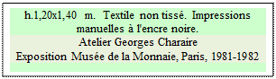 Zone de Texte: h.1,20x1,40 m.  Textile non tiss�.  Impressions manuelles � l'encre noire.
Atelier Georges Charaire
Exposition Mus�e de la Monnaie, Paris, 1981-1982

