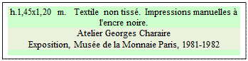 Zone de Texte: h.1,45x1,20 m.   Textile non tiss�.  Impressions manuelles � l'encre noire.
Atelier Georges Charaire
Exposition, Mus�e de la Monnaie Paris, 1981-1982


