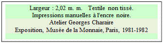 Zone de Texte: Largeur : 2,02 m. m.   Textile non tiss�.  
Impressions manuelles � l'encre noire.
Atelier Georges Charaire
Exposition, Mus�e de la Monnaie, Paris, 1981-1982

