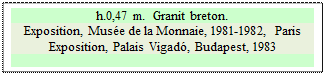 Zone de Texte: h.0,47 m.  Granit breton.
Exposition, Mus�e de la Monnaie, 1981-1982, Paris  
Exposition, Palais Vigad�, Budapest, 1983

