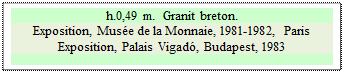 Zone de Texte: h.0,49 m.  Granit breton.
Exposition, Mus�e de la Monnaie, 1981-1982, Paris  
Exposition, Palais Vigad�, Budapest, 1983



