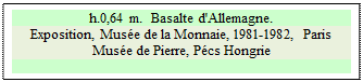 Zone de Texte: h.0,64 m.  Basalte d'Allemagne.
Exposition, Mus�e de la Monnaie, 1981-1982, Paris  
Mus�e de Pierre, P�cs Hongrie

