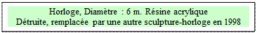 Zone de Texte: Horloge, Diam&egrave;tre : 6 m. R&eacute;sine acrylique
D&eacute;truite, remplac&eacute;e par une autre sculpture-horloge en 1998


