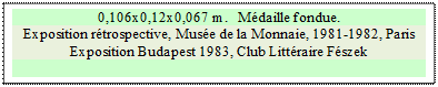 Zone de Texte: 0,106x0,12x0,067 m.   M�daille fondue.
Exposition r�trospective, Mus�e de la Monnaie, 1981-1982, Paris  Exposition Budapest 1983, Club Litt�raire F�szek 

