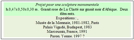 Zone de Texte: Projet pour une sculpture monumentale
h.0,47x0,50x0,30 m.  Granit rose de La Clart� sur granit noir d'Afrique.  Deux �l�ments.
Expositions : , 
Mus�e de la Monnaie, 1981-1982, Paris  
 Palais Vigad�, Budapest, 1983   
Marcoussis, France, 1991 
Paron, Yonne, 1997 ?

