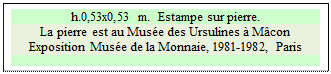 Zone de Texte: h.0,53x0,53 m.  Estampe sur pierre.
La pierre est au Mus&eacute;e des Ursulines &agrave; M&acirc;con
Exposition Mus&eacute;e de la Monnaie, 1981-1982, Paris  

