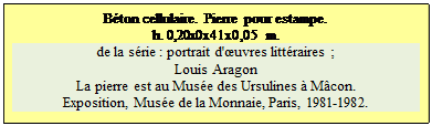 Zone de Texte: B�ton cellulaire. Pierre pour estampe. 
h. 0,20x0x41x0,05 m.
de la s�rie : portrait d'�uvres litt�raires ; 
Louis Aragon
La pierre est au Mus�e des Ursulines � M�con.
Exposition, Mus�e de la Monnaie, Paris, 1981-1982.


