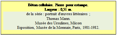 Zone de Texte: B�ton cellulaire. Pierre pour estampe.
Largeur : 0,51 m. 
de la s�rie : portrait d'�uvres litt�raires ; 
Thomas Mann.
Mus�e des Ursulines, M�con
Exposition, Mus�e de la Monnaie, Paris, 1981-1982.


