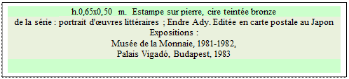 Zone de Texte: h.0,65x0,50 m.  Estampe sur pierre, cire teint�e bronze
de la s�rie : portrait d'�uvres litt�raires ; Endre Ady. Edit�e en carte postale au Japon 
Expositions : 
Mus�e de la Monnaie, 1981-1982, 
Palais Vigad�, Budapest, 1983 

