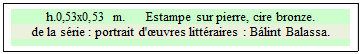 Zone de Texte: h.0,53x0,53 m.      Estampe sur pierre, cire bronze.
de la s�rie : portrait d'�uvres litt�raires : B�lint Balassa.


