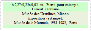 Zone de Texte: h.0,27x0,25x0,05 m.  Pierre pour estampe.
Ciment cellulaire
Mus�e des Ursulines, M�con
Exposition (estampe), 
Mus�e de la Monnaie, 1981-1982, Paris

