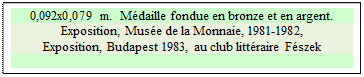 Zone de Texte: 0,092x0,079 m.  M�daille fondue en bronze et en argent.
Exposition, Mus�e de la Monnaie, 1981-1982, 
Exposition, Budapest 1983, au club litt�raire F�szek

