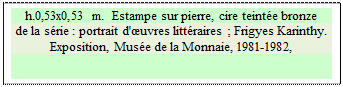 Zone de Texte: h.0,53x0,53 m.  Estampe sur pierre, cire teint�e bronze
de la s�rie : portrait d'�uvres litt�raires ; Frigyes Karinthy.
Exposition, Mus�e de la Monnaie, 1981-1982, 

