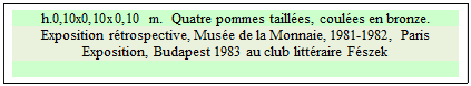 Zone de Texte: h.0,10x0,10x0,10 m.  Quatre pommes taill�es, coul�es en bronze. 
Exposition r�trospective, Mus�e de la Monnaie, 1981-1982, Paris
Exposition, Budapest 1983 au club litt�raire F�szek

