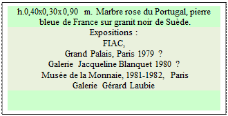 Zone de Texte: h.0,40x0,30x0,90 m. Marbre rose du Portugal, pierre
 bleue de France sur granit noir de Su�de. 
Expositions :
FIAC, 
Grand Palais, Paris 1979 ?   
Galerie Jacqueline Blanquet 1980 ?  
 Mus�e de la Monnaie, 1981-1982, Paris  
Galerie G�rard Laubie 

