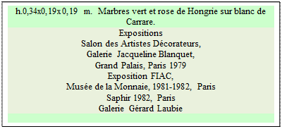 Zone de Texte: h.0,34x0,19x0,19 m.  Marbres vert et rose de Hongrie sur blanc de Carrare.
Expositions 
Salon des Artistes D�corateurs, 
Galerie Jacqueline Blanquet, 
Grand Palais, Paris 1979 
Exposition FIAC, 
Mus�e de la Monnaie, 1981-1982, Paris  
Saphir 1982, Paris  
Galerie G�rard Laubie 
 
