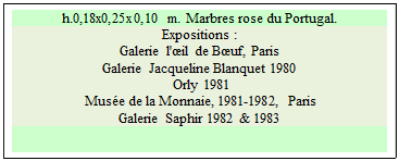 Zone de Texte: h.0,18x0,25x0,10 m. Marbres rose du Portugal. 
Expositions : 
Galerie l'�il de B�uf, Paris  
Galerie Jacqueline Blanquet 1980 
 Orly 1981 
 Mus�e de la Monnaie, 1981-1982, Paris 
Galerie Saphir 1982 & 1983

