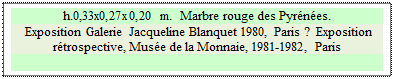 Zone de Texte: h.0,33x0,27x0,20 m.  Marbre rouge des Pyr�n�es. 
 Exposition Galerie Jacqueline Blanquet 1980, Paris ?  Exposition r�trospective, Mus�e de la Monnaie, 1981-1982, Paris

