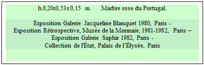 Zone de Texte: h.0,20x0,53x0,15 m.      Marbre rose du Portugal. 

Exposition Galerie Jacqueline Blanquet 1980, Paris -  
Exposition R�trospective, Mus�e de la Monnaie, 1981-1982, Paris � 
Exposition Galerie Saphir 1982, Paris -  
Collection de l'�tat, Palais de l��lys�e, Paris


