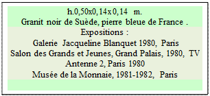 Zone de Texte: h.0,50x0,14x0,14 m. 
Granit noir de Su�de, pierre bleue de France . 
Expositions :
 Galerie Jacqueline Blanquet 1980, Paris 
Salon des Grands et Jeunes, Grand Palais, 1980, TV Antenne 2, Paris 1980 
Mus�e de la Monnaie, 1981-1982, Paris  

