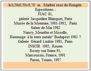 Zone de Texte: h.0,50x0,50x0,70 m.  Marbre rose de Hongrie. 
Expositions :
FIAC 81, 
galerie Jacqueline Blanquet, Paris 
Mus�e de la Monnaie, 1981-1982, Paris 
Salon de Mai 1982 
Nancy, Meurthe et Moselle, 
Hommage � la terre natale" Budapest 1982 ?  Galerie G�rard Laubie 1983, Paris
INSCIR 1985, Rouen 
Rosny sur Seine 91, 
Marcoussis, France, 1991 
Paron, Yonne, 1997

