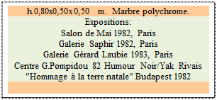 Zone de Texte: h.0,80x0,50x0,50  m.  Marbre polychrome. 
Expositions: 
Salon de Mai 1982, Paris 
Galerie Saphir 1982, Paris 
Galerie G�rard Laubie 1983, Paris 
Centre G.Pompidou 82 Humour  Noir/Yak Rivais  "Hommage � la terre natale" Budapest 1982 

