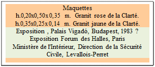 Zone de Texte: Maquettes
h.0,20x0,50x0,35 m.  Granit rose de la Clart�. 
h.0,35x0,25x0,14 m. Granit jaune de la Clart�.
Exposition , Palais Vigad�, Budapest, 1983 ? Exposition Forum des Halles, Paris  
Minist�re de l'Int�rieur, Direction de la S�curit� Civile, Levallois-Perret

